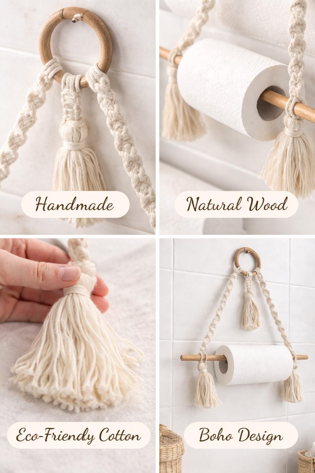 Macrame Towel Rack | Wooden Dowel Wall Hanging Tissue Holder | Rustic Bathroom Decor
