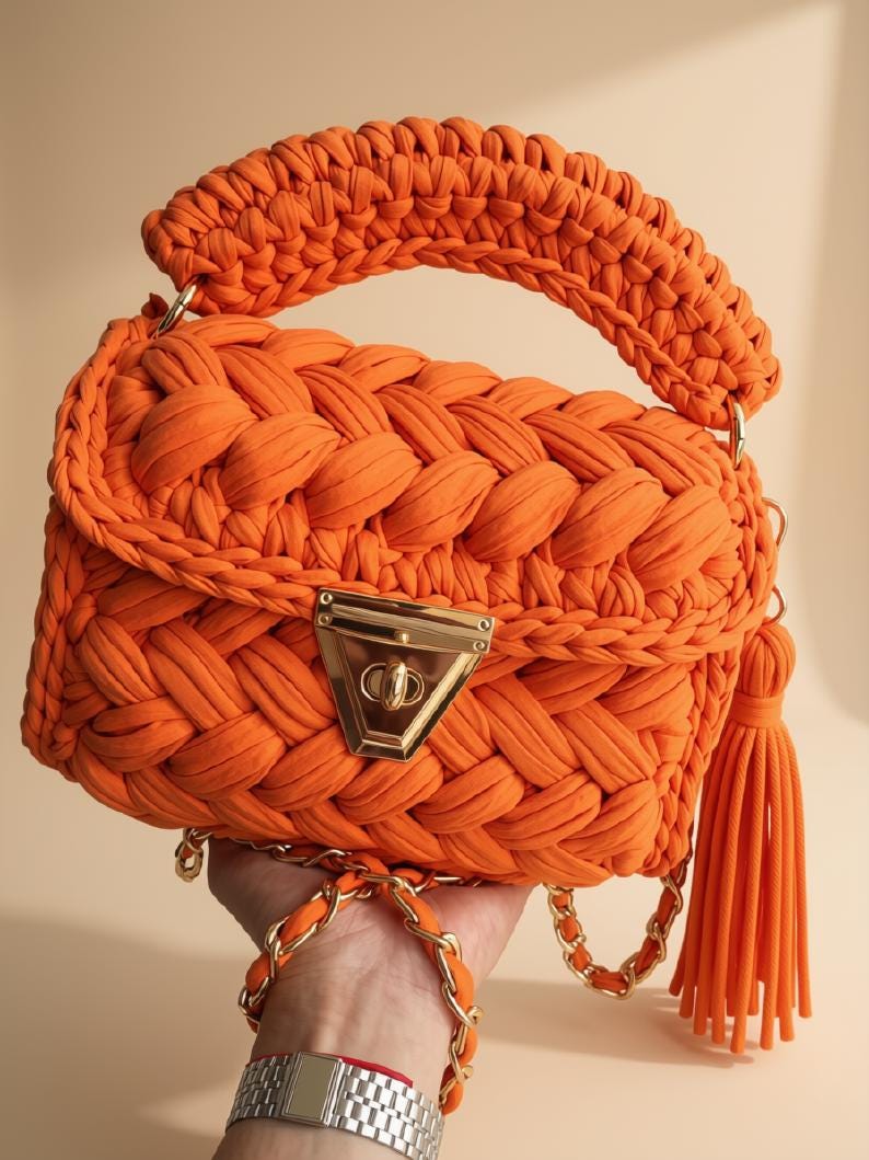 Orange Crochet Mini Bag | Braided T-Shirt Yarn Purse | Knitted Shoulder Handbag | Boho Sling Bag | Woven Crossbody Purse |Gift for Her