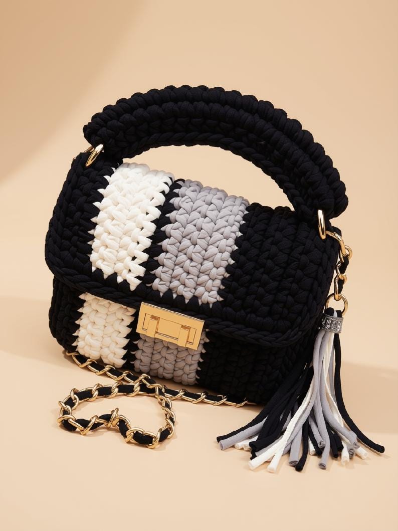 Handmade Black & White Woven Bag | Knitted Crochet Shoulder Purse | T Shirt Yarn Sling Bag | Top Handle Crossbody Handbag | Boho Summer Bag