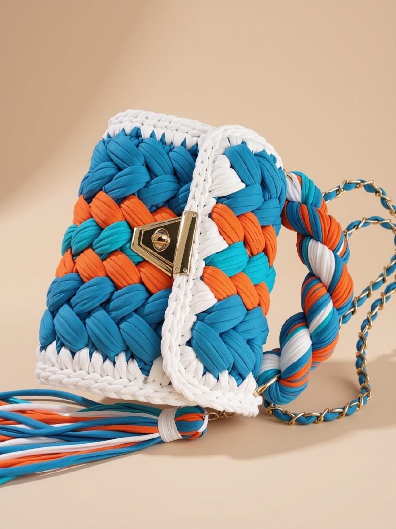 Chunky Crochet Handbag | Multi Color Knitted Purse | Handmade T Shirt Yarn Shoulder Bag | Boho Designer Crossbody | Everyday fashion bag
