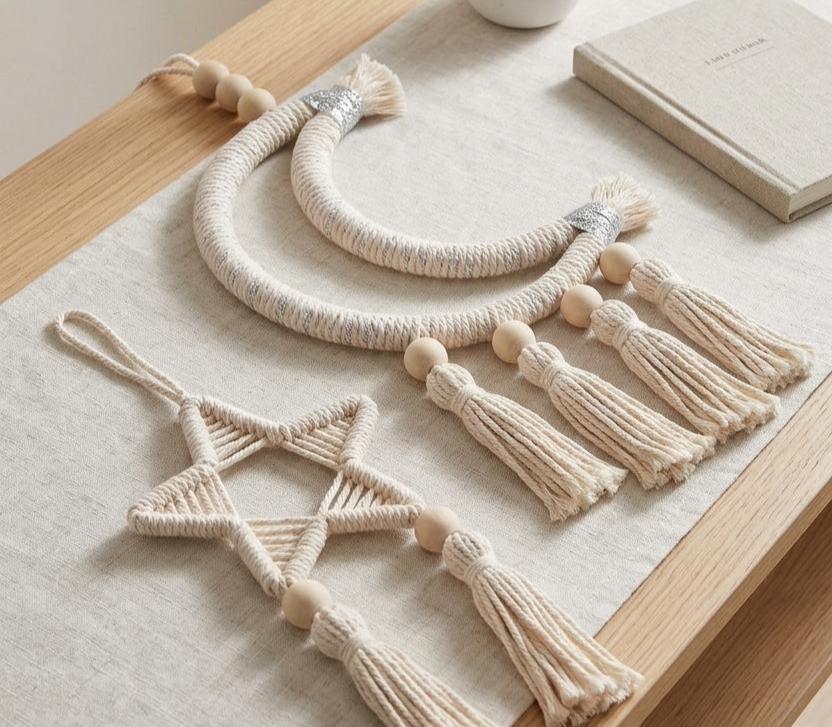 Boho Macramé Crescent Moon Wall Hanging – Handmade Cotton Tassel Decor