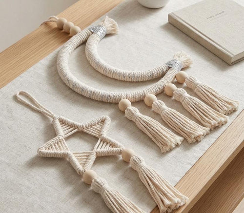 Boho Macramé Crescent Moon Wall Hanging – Handmade Cotton Tassel Decor