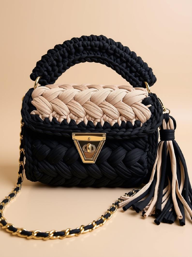 Black Handmade Crochet Shoulder Bag | Knitted T Shirt Yarn Mini Purse | Designer handbag | Boho Crossbody Bag | Small Bag | Gift for Her