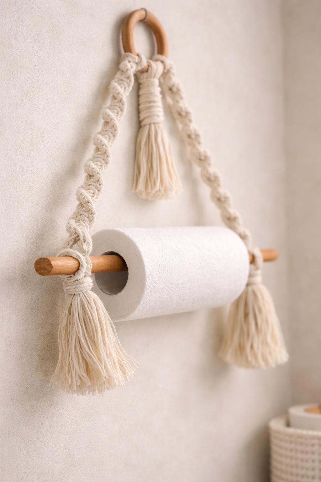 Macrame Towel Rack | Wooden Dowel Wall Hanging Tissue Holder | Rustic Bathroom Decor