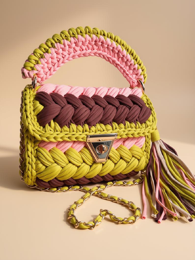 Multicolor Knitted Shoulder Bag |Braided T Shirt Yarn Crochet Purse | Woven Sling Bag | Top Handle Handbag | Boho Crossbody Bag | Summer bag