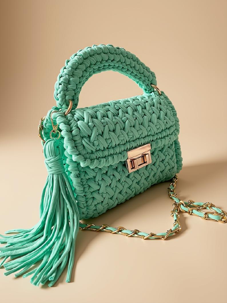 Green Crochet Bag | T Shirt Yarn Bag | Crochet Shoulder Bag | Crochet Sling Bag | Woven Crossbody Bag | Everyday Bag | Boho bag